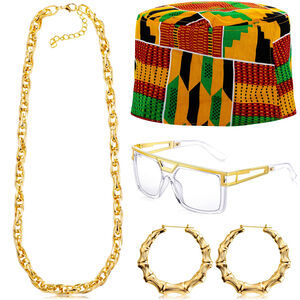 4 Pcs 80s 90s Hip Hop Costume African Kufi Hat for Women Jewelry...